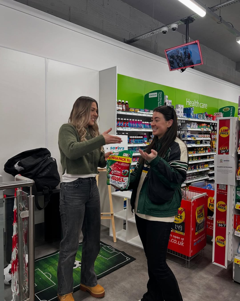 Creator Ally Flan with Mary Earps for her ariel pods promo