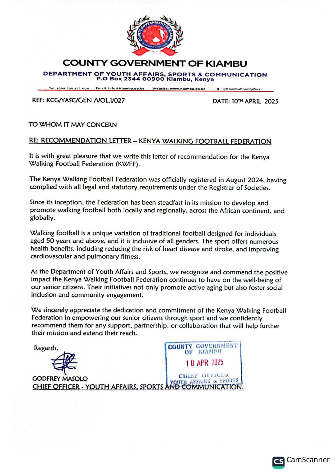 Keyna Walking Football Federation Certification and Accreditation