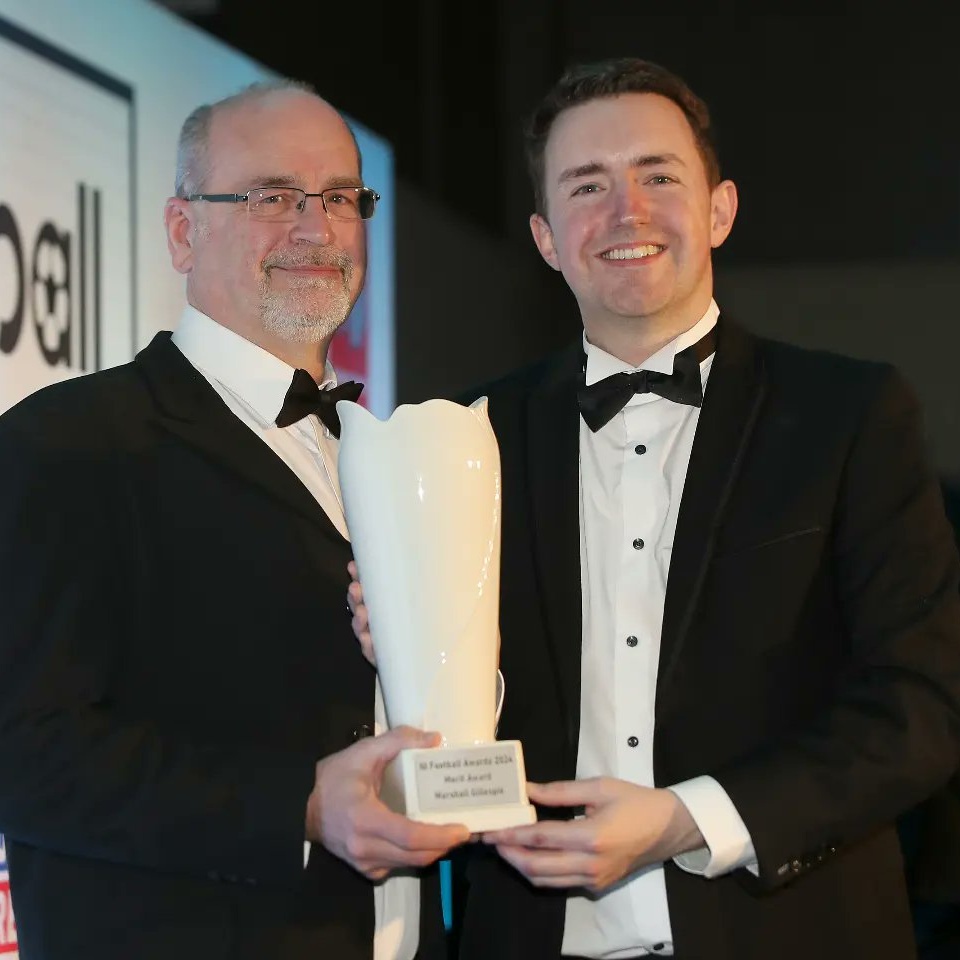 Football Statistician Marshall Gillespie winning a Merit Award at the Northern Ireland Football Awards